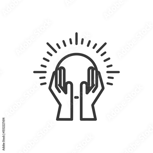 Hands Holding Sphere with Radiating Lines, Minimalist Icon Design