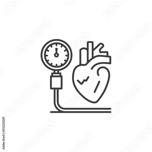 Heart Health Check: Blood Pressure Monitor and Heart Icon in Line Art