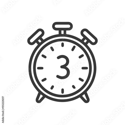 Alarm Clock Icon with Number 3, Minimalist Line Art Style