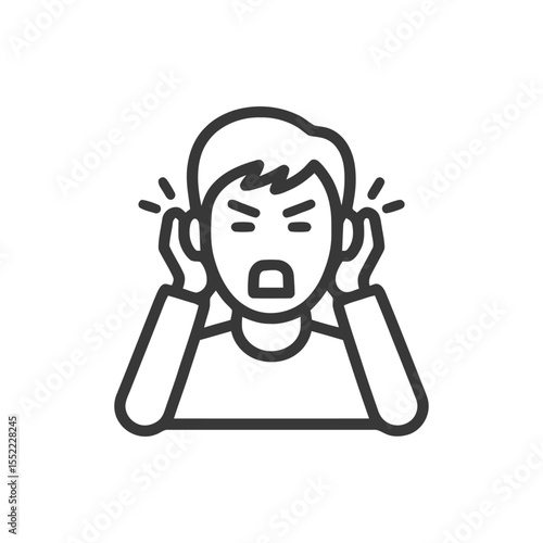 Frustrated Man Covering Ears Icon, Noise Sensitivity, Line Art
