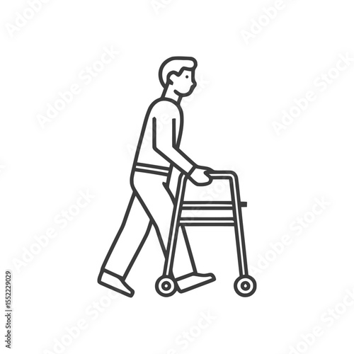 Minimalist Line Art: Man Walking with Walker for Mobility Assistance
