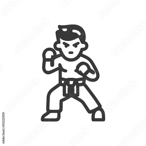 Karate Stance Icon: Focused Martial Artist in Fighting Position, Outline Style