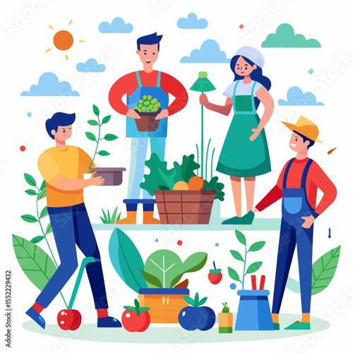 Diverse group of people happily gardening and harvesting fresh produce together