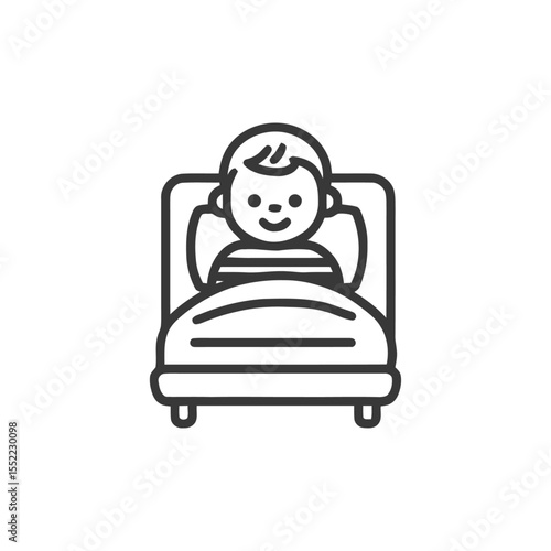 Minimalist Line Art: Smiling Child in Bed, Ready for Sleep