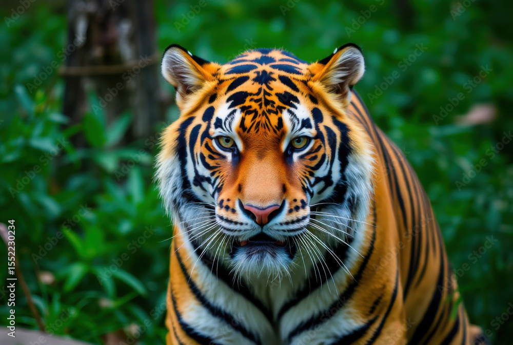 Obraz premium Majestic sumatran tiger staring in lush green jungle