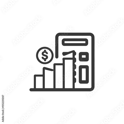 Minimalist Icon of Calculator with Rising Bar Graph and Dollar Coin