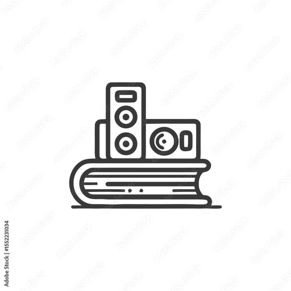 Obraz premium Audio Speakers Stacked on a Book, Minimalist Line Art Illustration