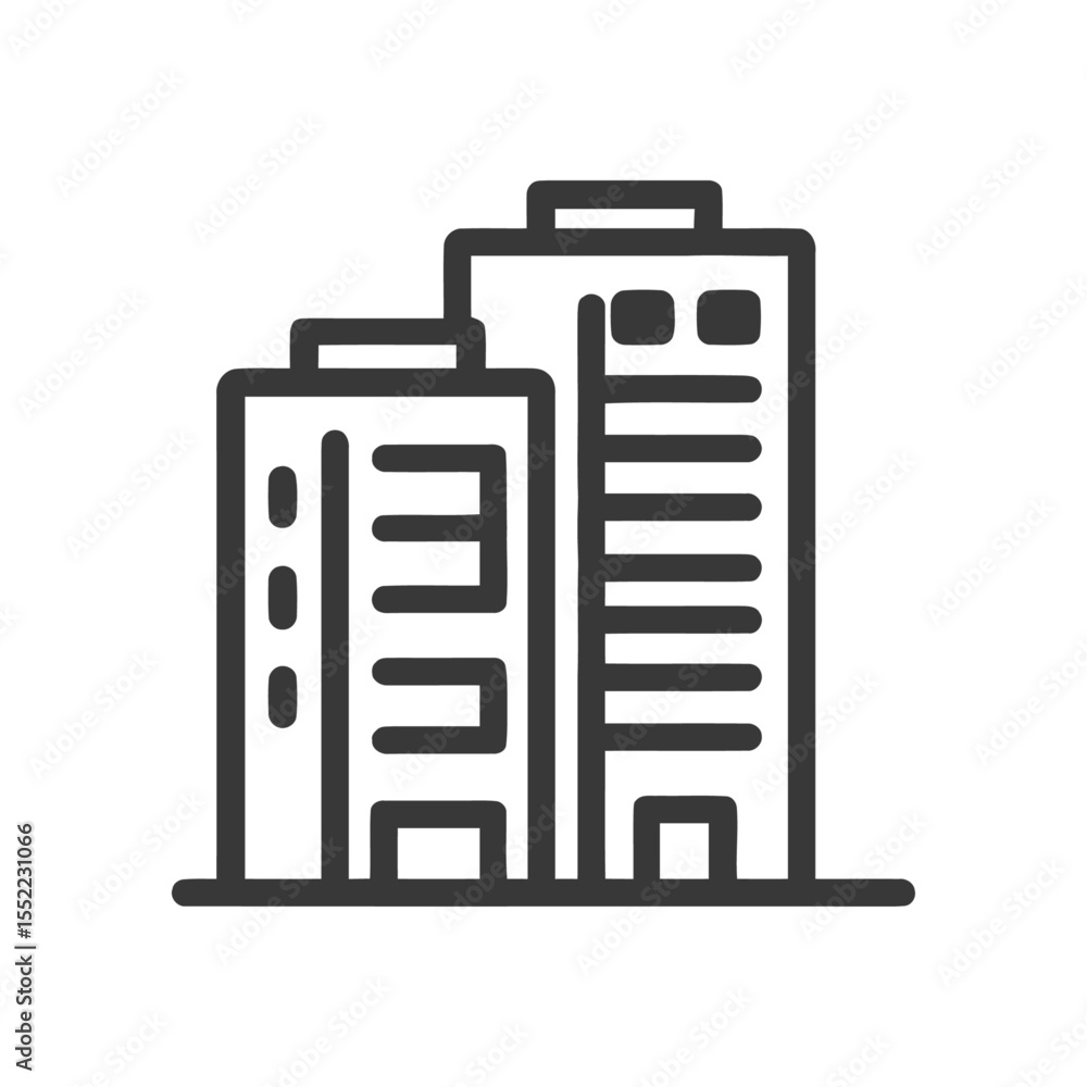 Minimalist Icon of Two Modern Buildings, Black Outline on White Background Minimalist Icon of Two Modern Buildings, Black Outline on White Background