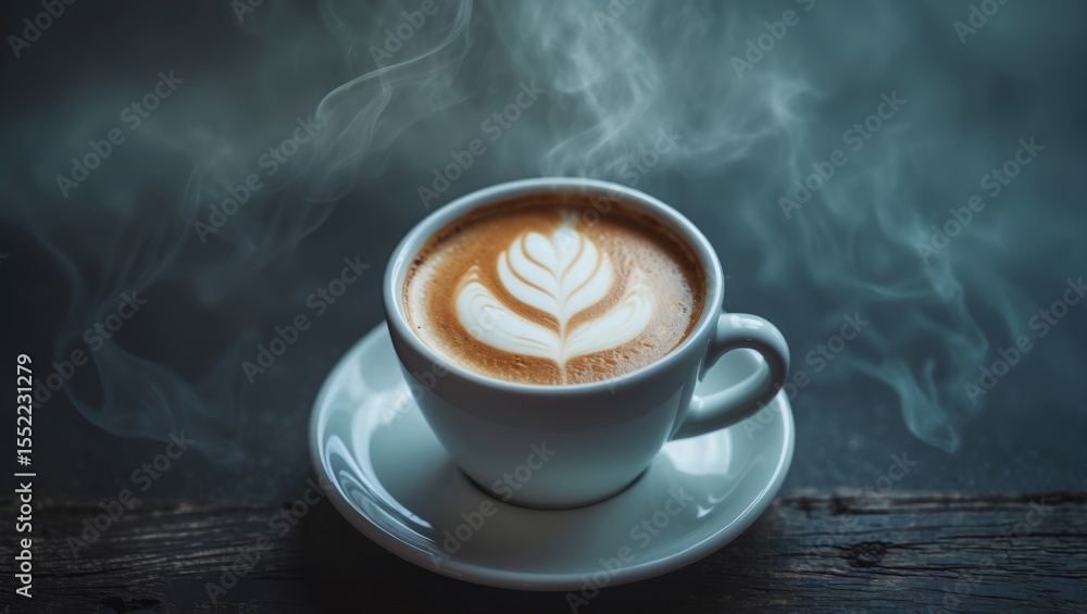 A single cup of Cappuccino with latte art, surrounded by steam. A single cup of Cappuccino with latte art, surrounded by steam.