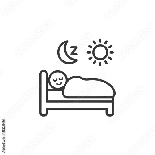 Peaceful Sleep: Line Art Icon of Person Resting in Bed with Moon and Sun