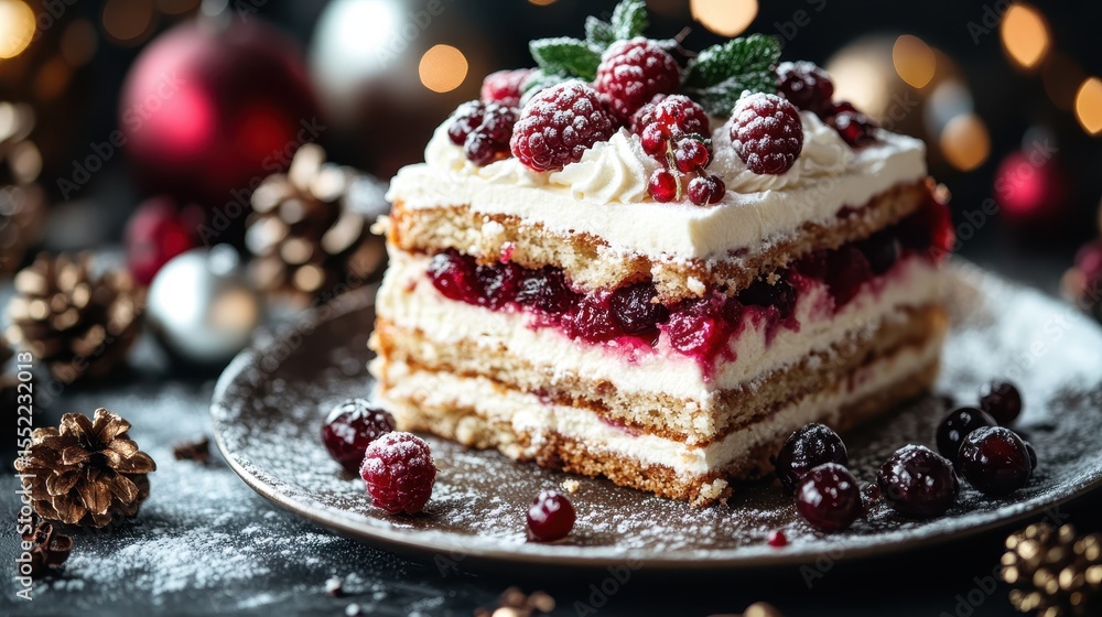 An elegant gourmet cake layered with fresh berries and whipped cream, beautifully presented on a plate, ideal for culinary and dessert-related projects, evoking joy and celebration. An elegant gourmet cake layered with fresh berries and whipped cream, beautifully presented on a plate, ideal for culinary and dessert-related projects, evoking joy and celebration.