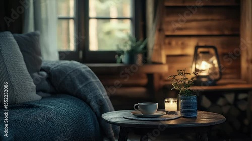 Cozy cabin interior with a warm, inviting atmosphere.  A cup of tea sits on a small wooden table beside a lantern and candle