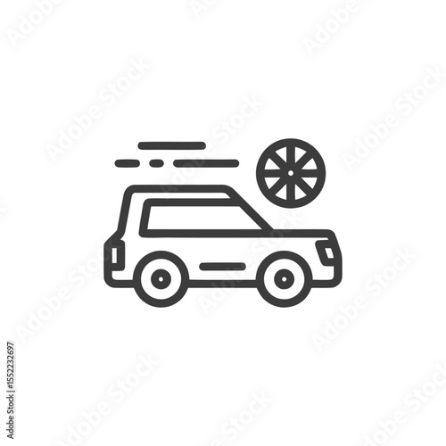 Fast Car Icon: SUV with Speed Lines and Wheel Symbol, Outline Style