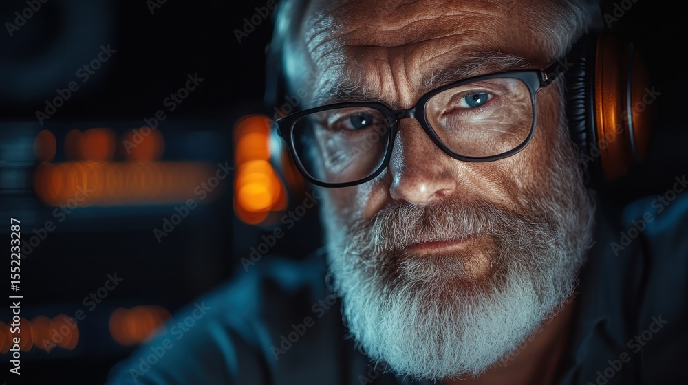 A mature man with glasses and headphones appears to be deep in thought, contemplating or enjoying music, reflecting wisdom and a connection to technology and the arts. A mature man with glasses and headphones appears to be deep in thought, contemplating or enjoying music, reflecting wisdom and a connection to technology and the arts.