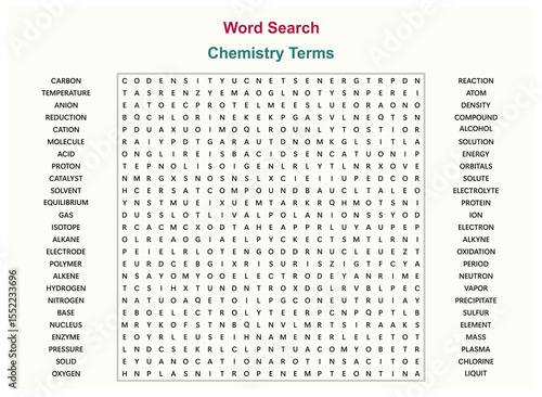 Word search puzzle vector (Word find game) illustration. Chemistry Terms