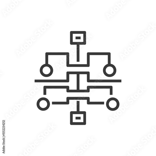 Minimalist Flowchart Icon: Hierarchical Structure with Circular Nodes and Rectangular Blocks