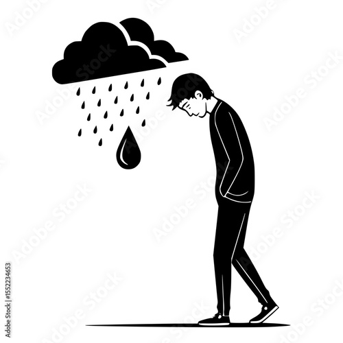 Sad person walking under a rain cloud, representing feelings of loneliness and sadness in a minimalist design