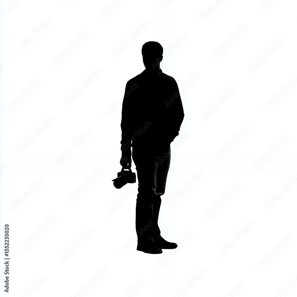 Fototapeta premium A man in a black jacket is holding a camera. He is standing on a white background