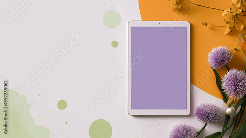 Flat Lay with Tablet and Vibrant Flowers on Colorful Pastel Background—Creative Display for Mockups and Social Media, 