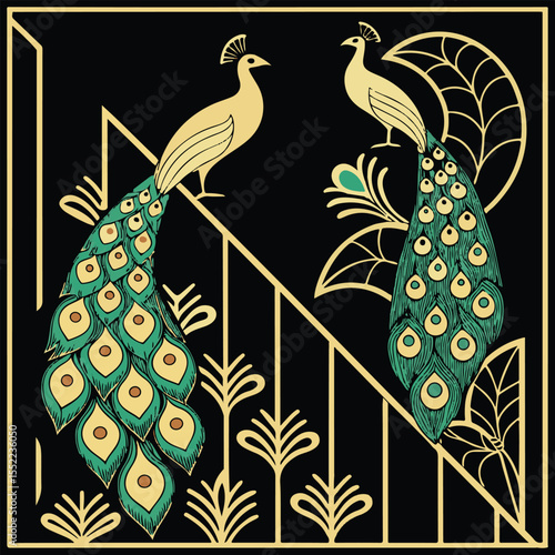 Elegant Peacock Design on Black Background.eps