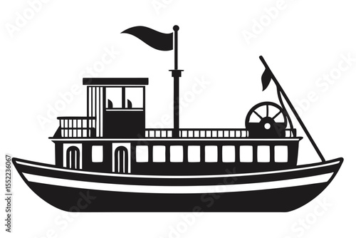 Black Silhouette Illustration of Classic Riverboat with Flag and Vintage Details