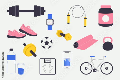 A set of sports items: dumbbells, sneakers, jump rope, yoga mat, bicycle, fitness watch, water bottle, and more. Bright flat style for fitness design and advertising.