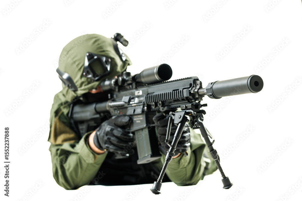 Special forces operative aiming with precision rifle in tactical gear and suppressor Special forces operative aiming with precision rifle in tactical gear and suppressor