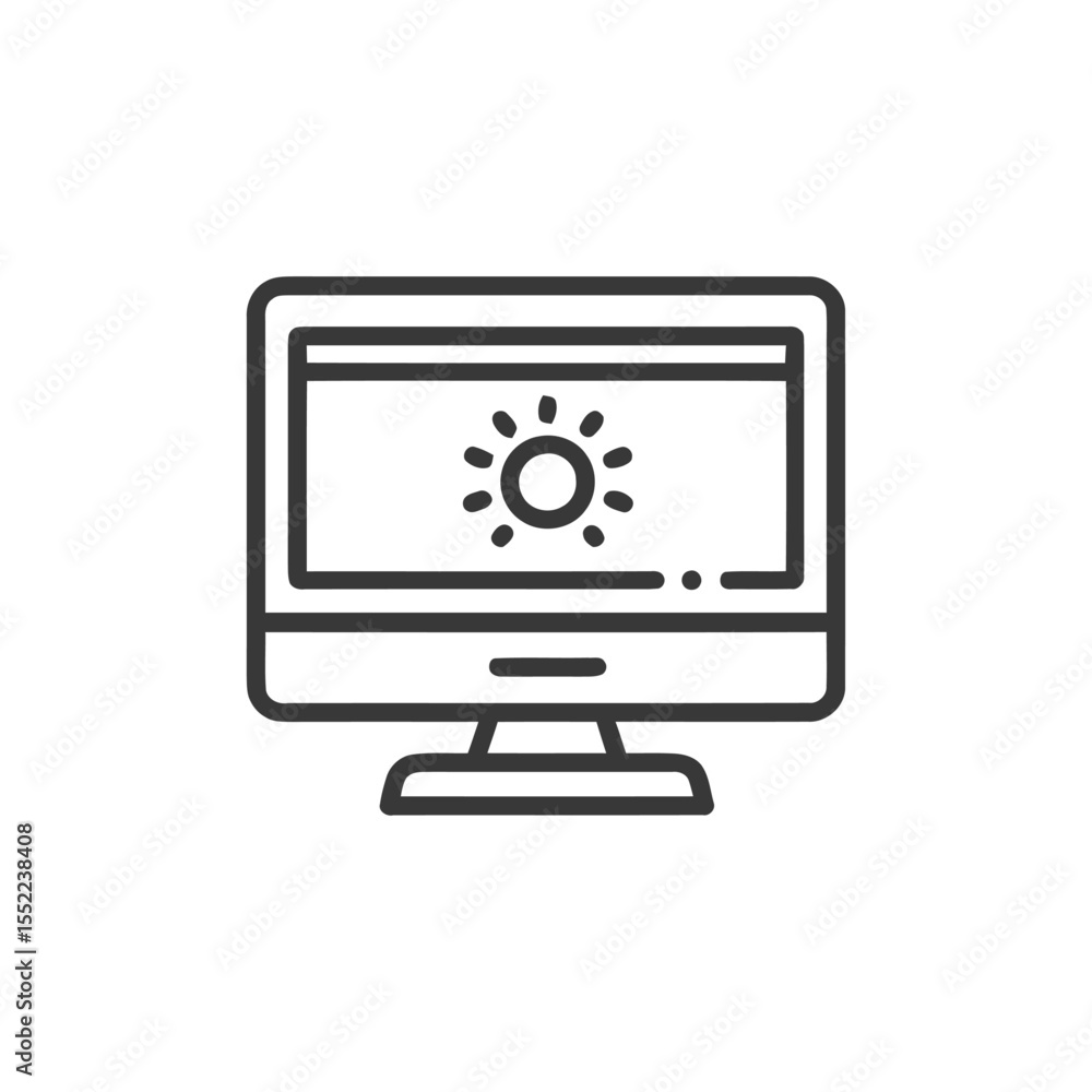 Minimalist Computer Icon with Sun Symbol on Screen, Line Art Minimalist Computer Icon with Sun Symbol on Screen, Line Art
