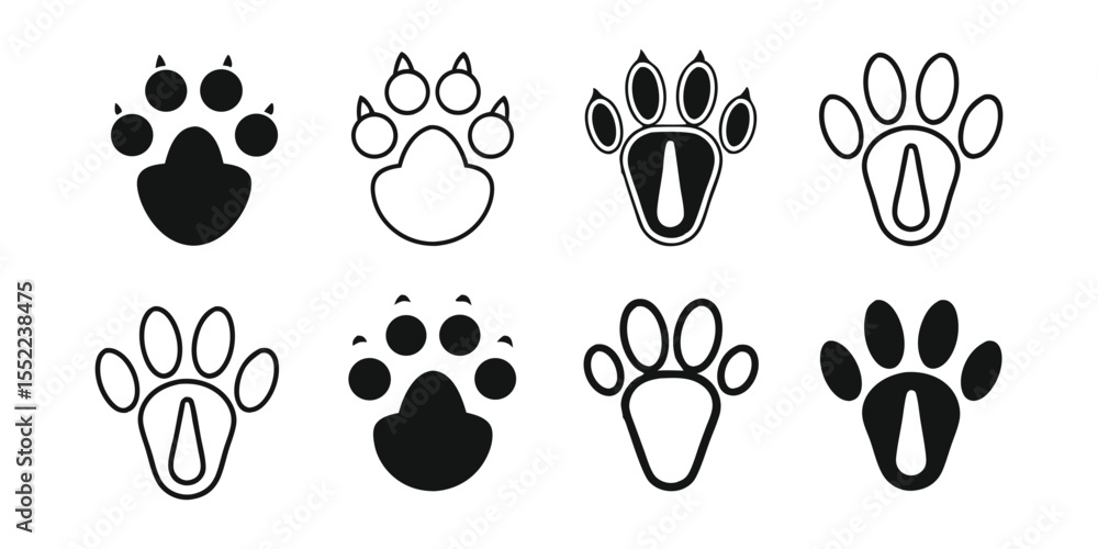Fototapeta premium Unique Black Vector Silhouette Animal Paw Print Icons for Wildlife Tracking, Nature Art, and Educational Design Projects