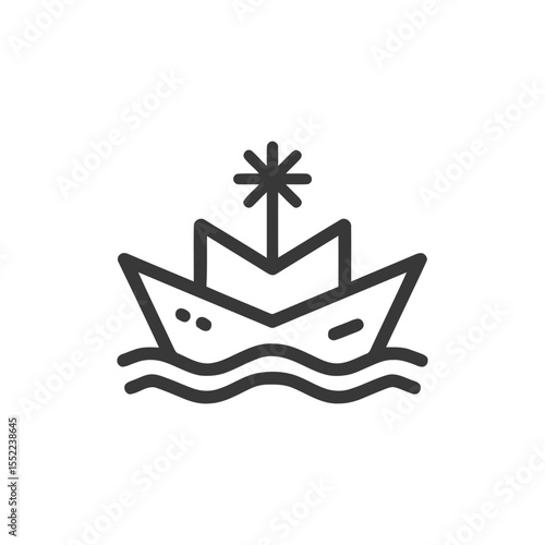 Minimalist Paper Boat Icon with Star Mast on Wavy Water, Isolated