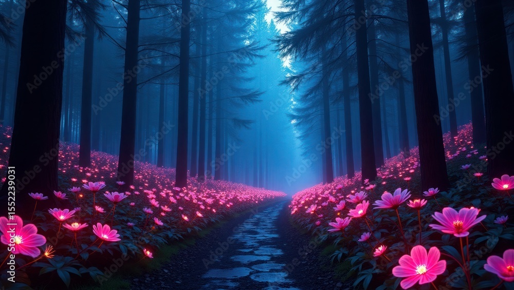 Obraz premium Glowing Pink Flowers Forest Path Mystical Blue Night