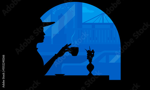 Vector silhouette illustration of a woman drinking coffee in a modern city cafe, sitting by a window with a flower on the table. Stylish and urban atmosphere in blue tones.