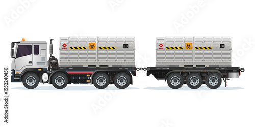 Heavy Truck with double containers filled with toxic waste, radioactive biological hazard vector illustration