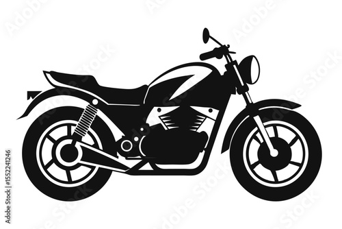 Black and White Silhouette Illustration Classic Motorcycle with Round Headlight and Detailed Engine