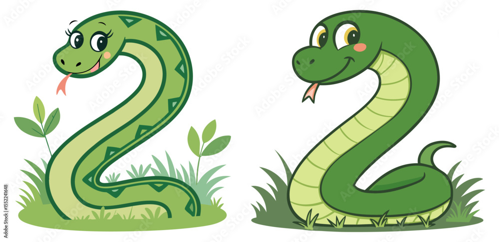 Fototapeta premium Cartoon Snakes with Green Scales and Playful Expressions