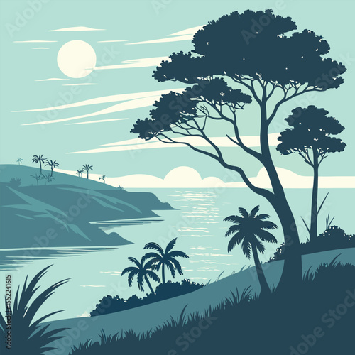 The sky is a gradient of light blue with subtle clouds, the sea is two tones of blue, and the land and trees are stark, dark silhouette.