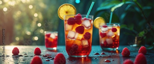 Panel kuchenny z motywem Summer Cold Drink. Iced Tea With Raspberries.. Featuring Empty Copy Space For Text