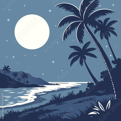 A tropical night scene in the same vector style, but with a large full moon instead of the sun, and stars in a deep blue sky.