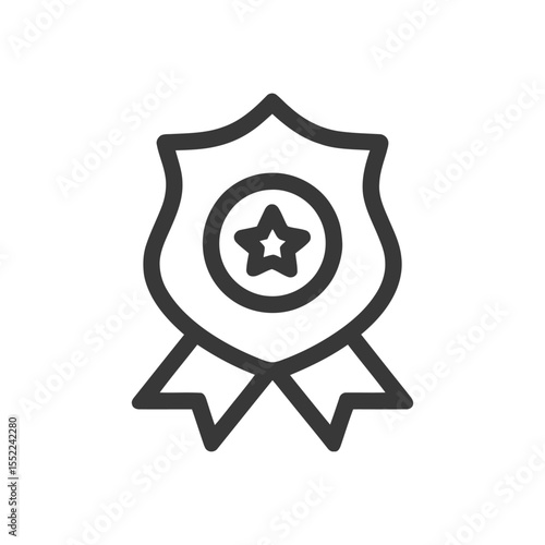 Minimalist Police Badge Icon with Star and Ribbon Detail, Black Outline on White