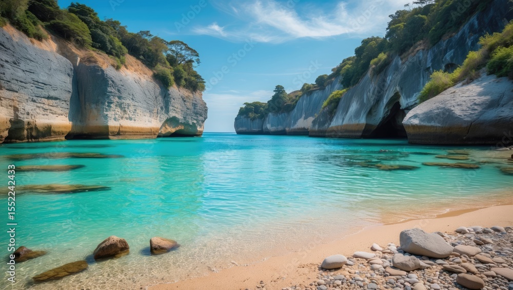 Fototapeta premium Amazing quiet beach with turquoise water. Beach with small stones and beautiful cliffs around. Adorable meditation place.