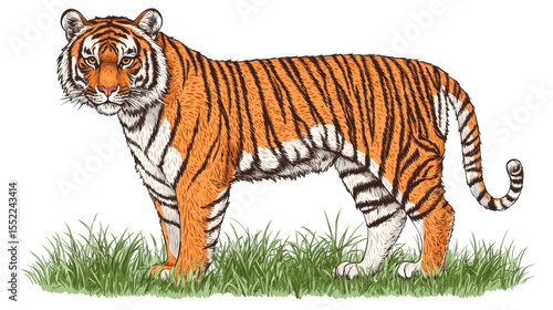 Illustrated tiger standing in grass looking forward