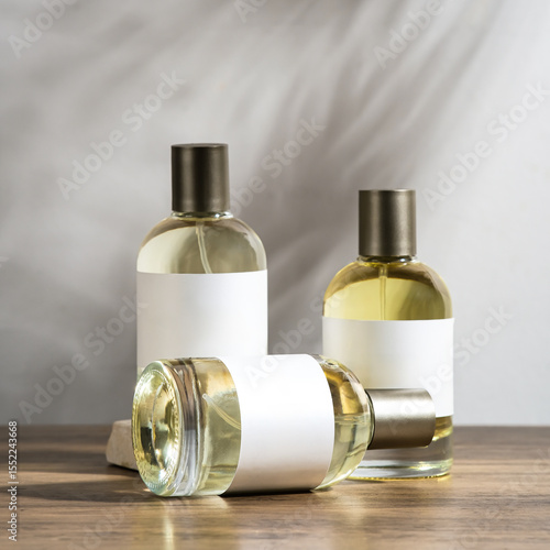 Three blank perfume bottles with golden caps are displayed on a wooden surface against a soft light grey background, ideal for branding, advertising, or product mockups.