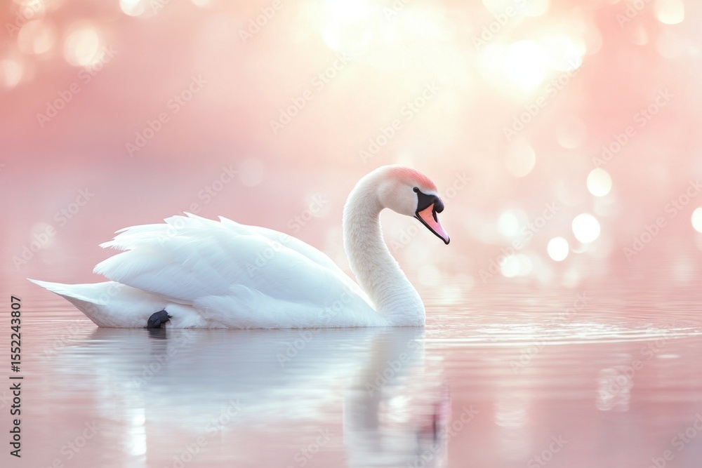 Fototapeta premium Elegant White Swan Floating on Calm Water, Soft Pink Background with Beautiful Bokeh Effect