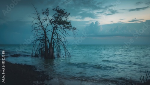 Beautiful seascape with silhouette dead mangrove tree over stunning background, ideal for holiday and tranquil concept, with empty copy space for text.