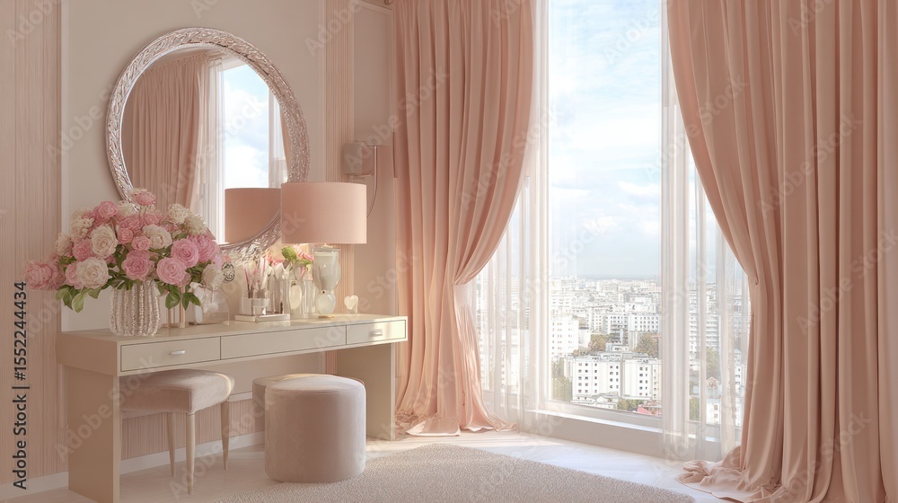 Room decor with mirrors, a vanity table, lamp, and stool by a window with beige-pink curtains Room decor with mirrors, a vanity table, lamp, and stool by a window with beige-pink curtains