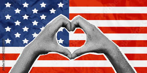 Halftone cut out of magazine hands making heart shape on American flag background. Collage banner template for 4th of July Independence day. Grunge modern retro mixed media vector illustration