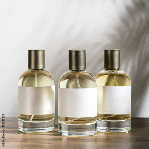 Three clear glass perfume bottles with golden caps and blank white labels are neatly arranged on a wooden surface, illuminated by soft natural light against a neutral background.