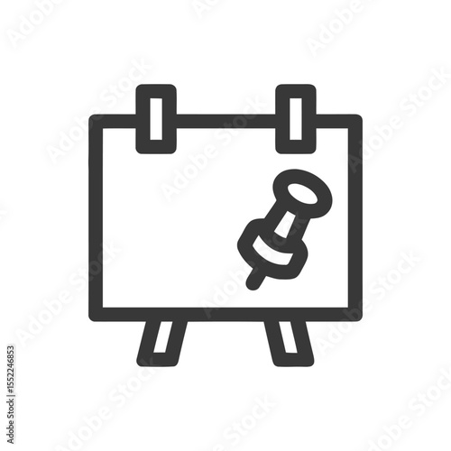 Bulletin Board with Push Pin Icon, Dark Gray Outline on White