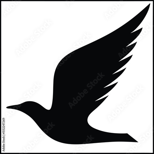 Elegant minimalist black bird silhouette in graceful flight, a simple graphic icon symbolizing freedom, peace, and new beginnings for various designs