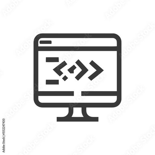 Minimalist Computer Icon Displaying Code Snippet, Dark Gray Outline on White